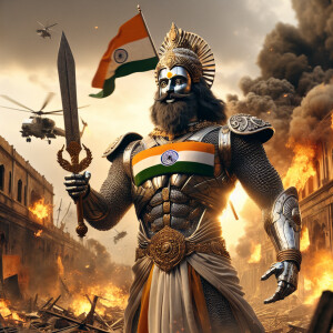 India as a transformer character, adorned with Ayurveda king arm...