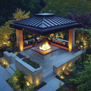 Create a contemporary rooftop garden with an elegant gazebo, des...