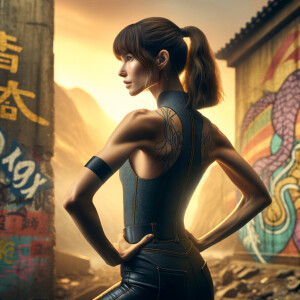 Athletic Thin skinny Attractive, Asian teenage girl, long brown hair and bangs, wearing tight skinny jeans and a halter top paint marks on her clothing, heroic pose Asian graffiti background, backside view