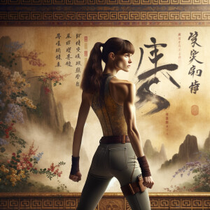 Athletic Thin skinny Attractive, Asian teenage girl, long brown hair and bangs, wearing tight skinny jeans and a halter top paint marks on her clothing, heroic pose Asian graffiti background, backside view