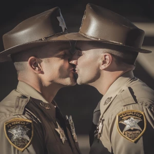Two male sheriff's deputies in uniform sharing a kiss.