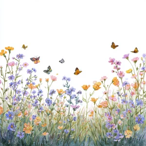 Wildflower field, butterflies flying, in vintage watercolor styl...