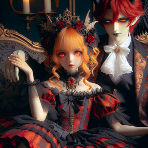 Lilith as a girl with elegant gothic lolita dress sit on the lap...