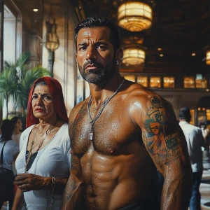 Hyperrealistic painting, a muscular, tattooed man visibly perspi...