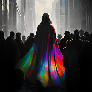 A crowd huddles on the monochrome street, their attention fixed...