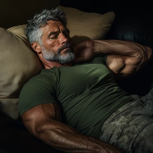 The image shows a muscular bodybuilder man lying on a couch, app...