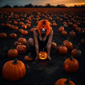 Full body shot, bare female, Evil humanoid pumpkin clown with lo...
