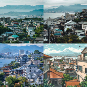 Tokyo buildings and houses with mountains and sea in the backgro...