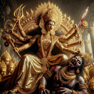 portrait of angry looking goddess durga sitting on a gold crown...