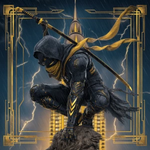 A masked vigilante ninja in a crouching pose perched atop an ove...