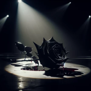 A black rose on a stage under a spotlight with blood on the thor...