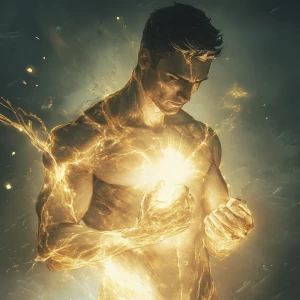 a stoic figure with glowing crystalline hands, clenched fists, u...