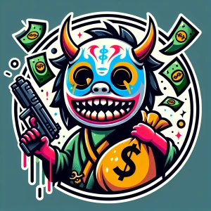 Design a cartoon-style circular logo featuring a cheeky demon we...