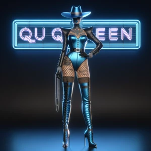 Curvy digital artwork of a country queen in a blue leather bodys...