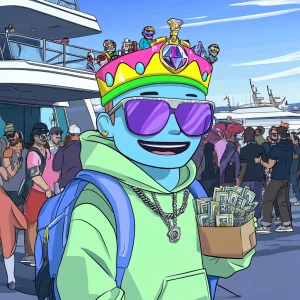 A cartoon character with a light blue face, wearing a rainbow-co...