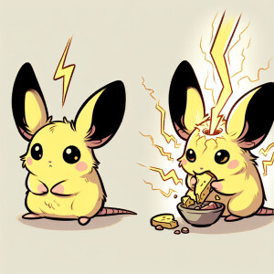 Pikachu заряжается от молнии и ест еду Ему грустно