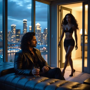 Prompt:
“A cinematic, moody evening scene in a modern high-rise...