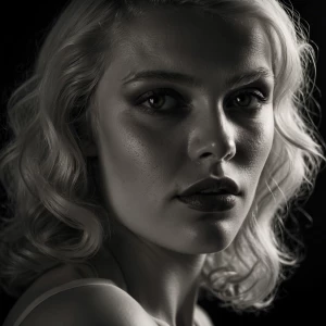 Create a high-detail, black-and-white portrait of a blonde woman...