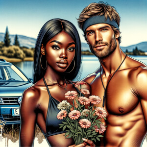 Airbrush image of a couple Holding Flowers African American woman warm honey skin, slimthick,  full lips, long lashes ,African American Fit man brown skin tone, headband, VW Volkswagen, ink wash, contrast colors, blue lake high definition 4K