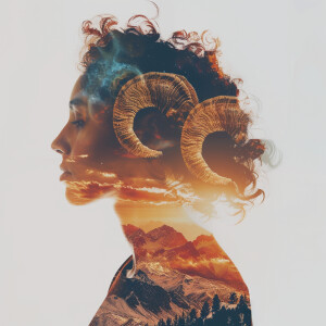 Create a double exposure profile shot for Aries in the 1st House...
