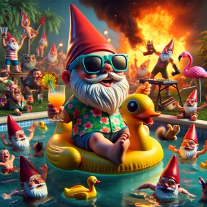 "A mischievous garden gnome with oversized sunglasses, riding a...