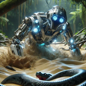 Create an image of a futuristic robot trapped in quicksand, stru...