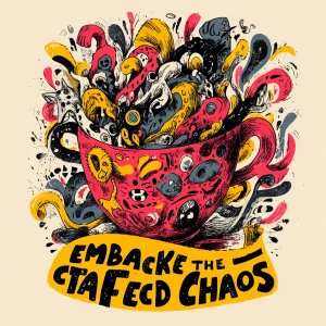 vibrant hand-drawn coffee cup overflowing with chaotic swirling...