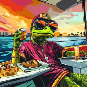 MEME PEPE in GTA art style — Enjoying picnic on the yacht — in t...