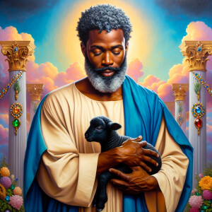 Oil painting of an African-American man resembling Jesus Christ,...