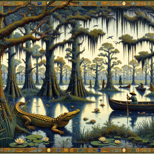 Visualize a scene reminiscent of the lush swamps of Louisiana as...