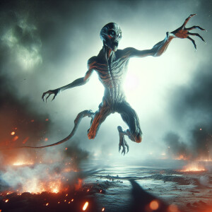 a hyper-realistic portrait of a jumping alien, lunging towards t...