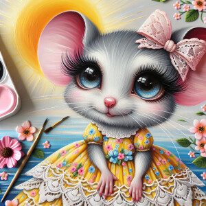 My original prompt: glossy oil painting of a caricature mouse wi...