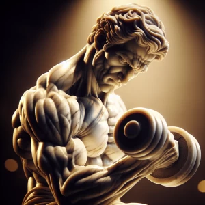 A realistic marble statue of a well-defined muscular figure enga...