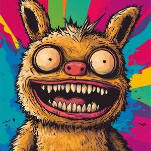 Stylized character portrait of a mischievous designer toy creat...