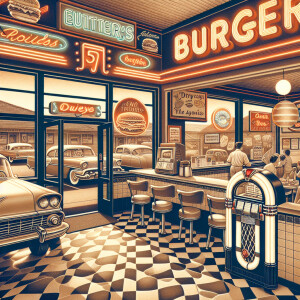 A burger joint in the 1950s with 1950s cars