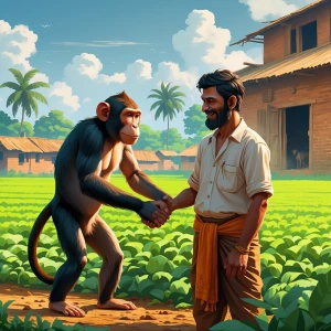 “Monkey apologizes to the farmer by joining hands, farmer smiles...
