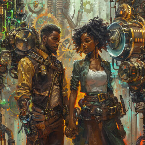 An Afrocentric couple navigating a steampunk world filled with g...