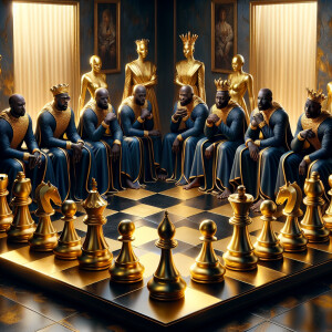 3-D realistic oil, painting,of a gold and black human chessboard...
