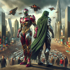 Depict a bustling, chaotic cityscape with Iron Man and Doctor Do...