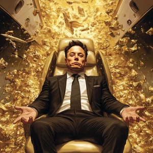Elon Musk,Make him sit in a private jet with lots of gold surrou...