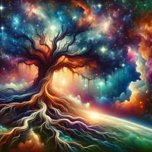 "Design a surreal fantasy scene of a gigantic tree growing in ou...
