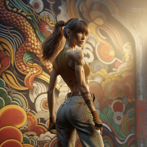 Athletic Thin skinny Attractive, Asian teenage girl, long brown hair and bangs, wearing tight skinny jeans and a halter top paint marks on her clothing, heroic pose Asian graffiti background, backside view