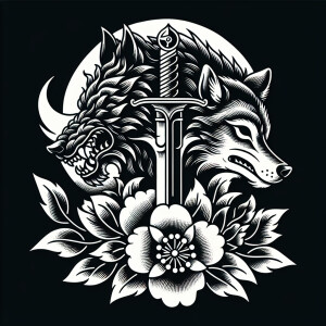 A simple but exquisite tattoo of a dagger, a wolf and a night bl...