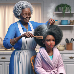 Create a realistic 3-D image of an african-American grandmother wearing a blue house dress and a white apron . She is in the kitchen with her african-American granddaughter. Her granddaughter is wearing a pink bath robe. The grandmother has a hot comb in her hand and she is straightening her granddaughters hair. One side of her granddaughters hair is in  a Afro the other straight 
There is smoke coming from the hot comb
The granddaughter is making a face