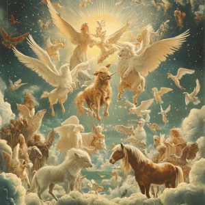 Design a serene depiction of heaven where a variety of peaceful...