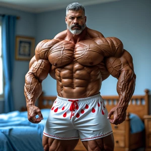 Create an image of a muscular bodybuilder with gray hair and a n...