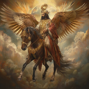 Middle Eastern Jesus Christ with wings on a horse