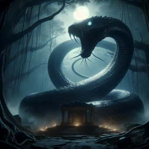 "Amidst a shadowy forest, a colossal, majestic serpent coils sil...