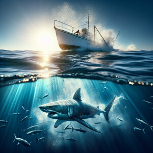 Half-submerged split-view of a great white shark , with the top...