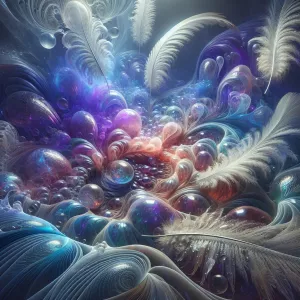 Visualize a dreamlike scene where delicate feathers and gelatino...